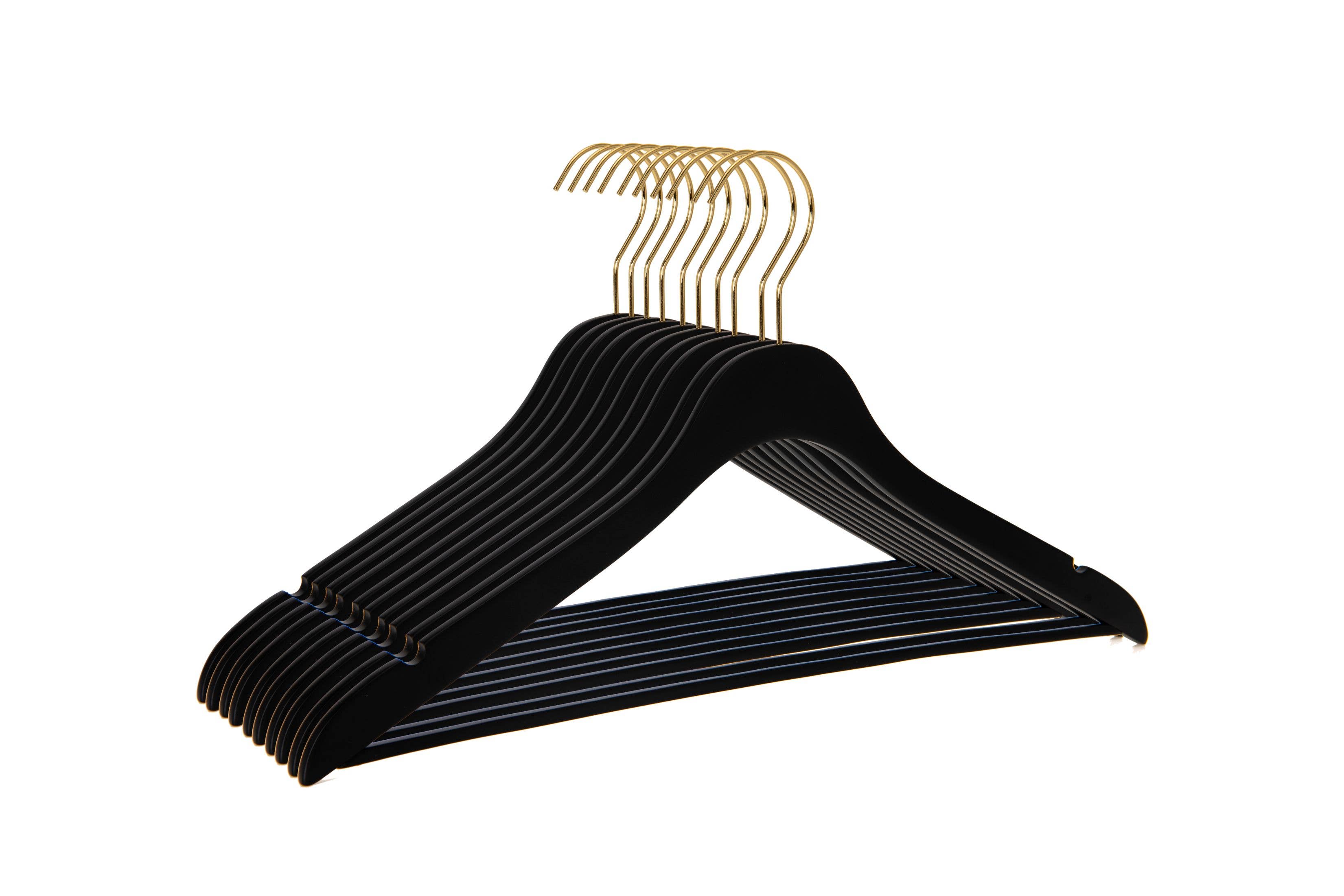 Quality Hangers - Wholesale Clothes Hangers - WS70 Ultra Slim Suit Hangers with Pant Bar Black/gold - 5PK11