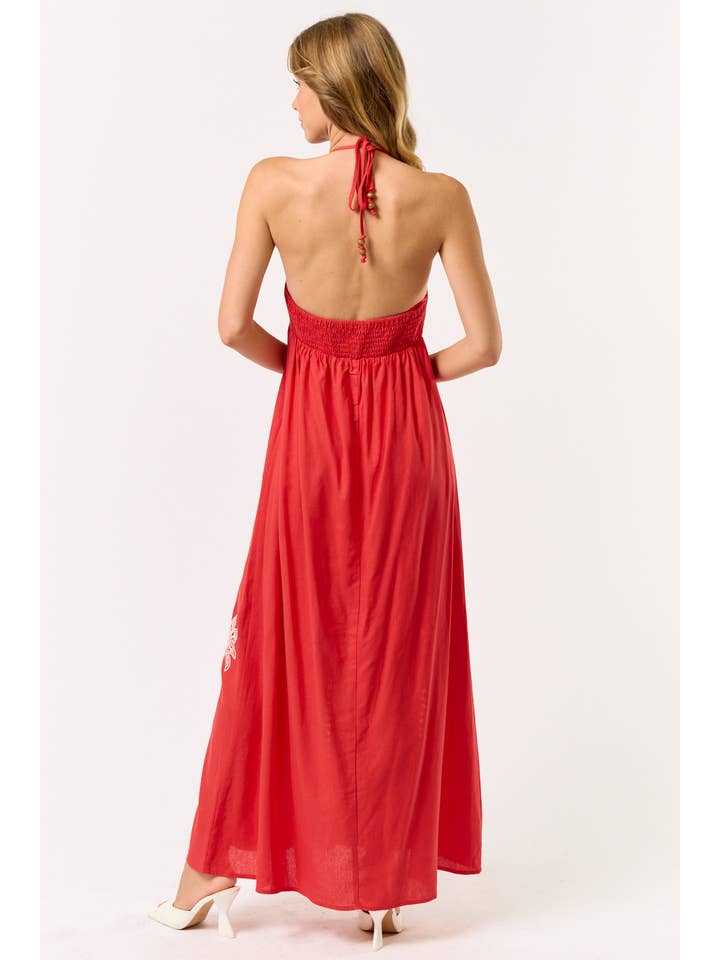 Lalavon - Wholesale Dress - Women's - ILD5300 SMOCKED BACK HALTER EMBROIDERED MAXI DRESS