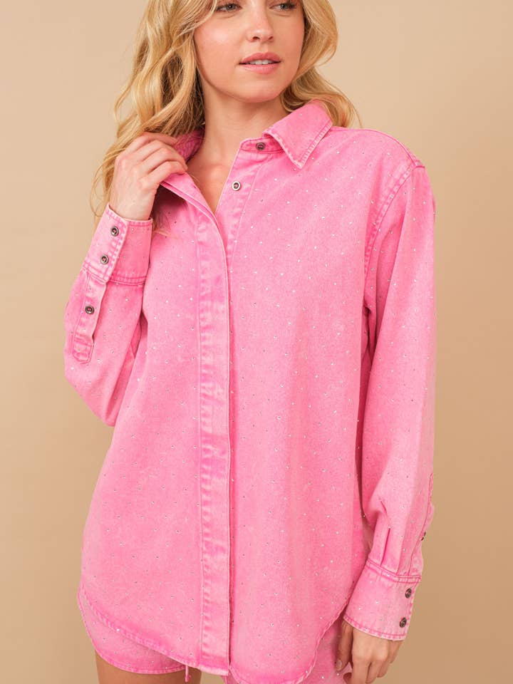 50006T - Garment Washed Studded Twill Button Up Shirt Blouse for wholesale by Blue B