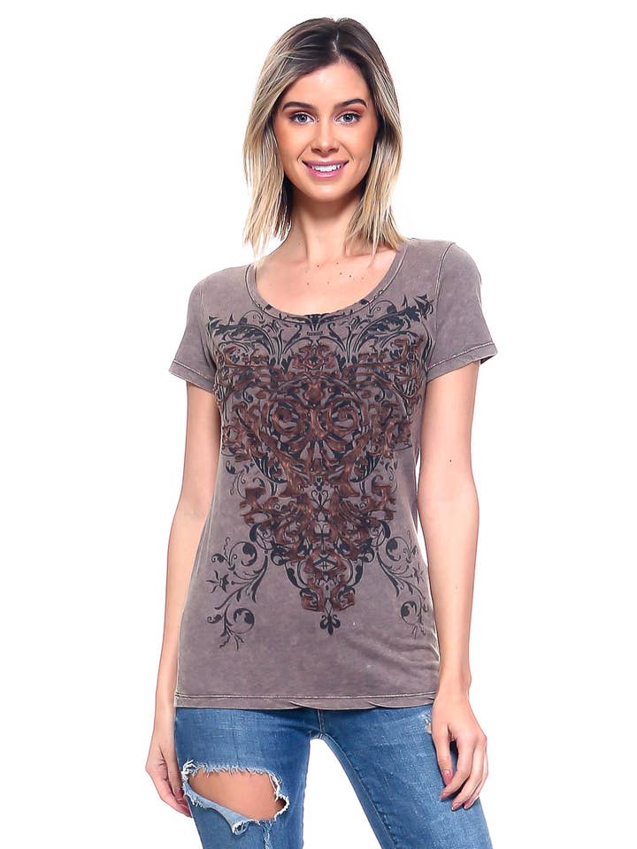 Scoop neck Mineral washed tee w/ embroidered vintage design for wholesale by Urban X Apparel
