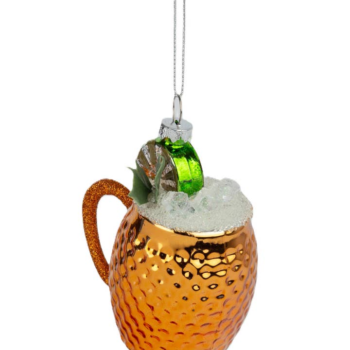 A63380 : Ornement en verre de tasse Moscow mule, 3,25 pouces pour la vente par Silver Tree Home & Holiday