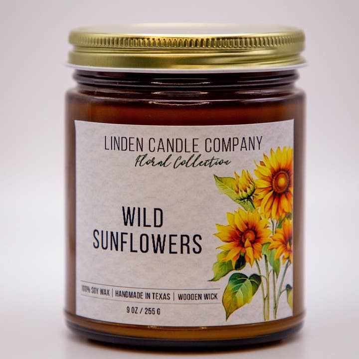 Wild Sunflowers Bio-Sojakerze 9 Unzen im bernsteinfarbenen Glas für den Großhandel von Linden Candle Company