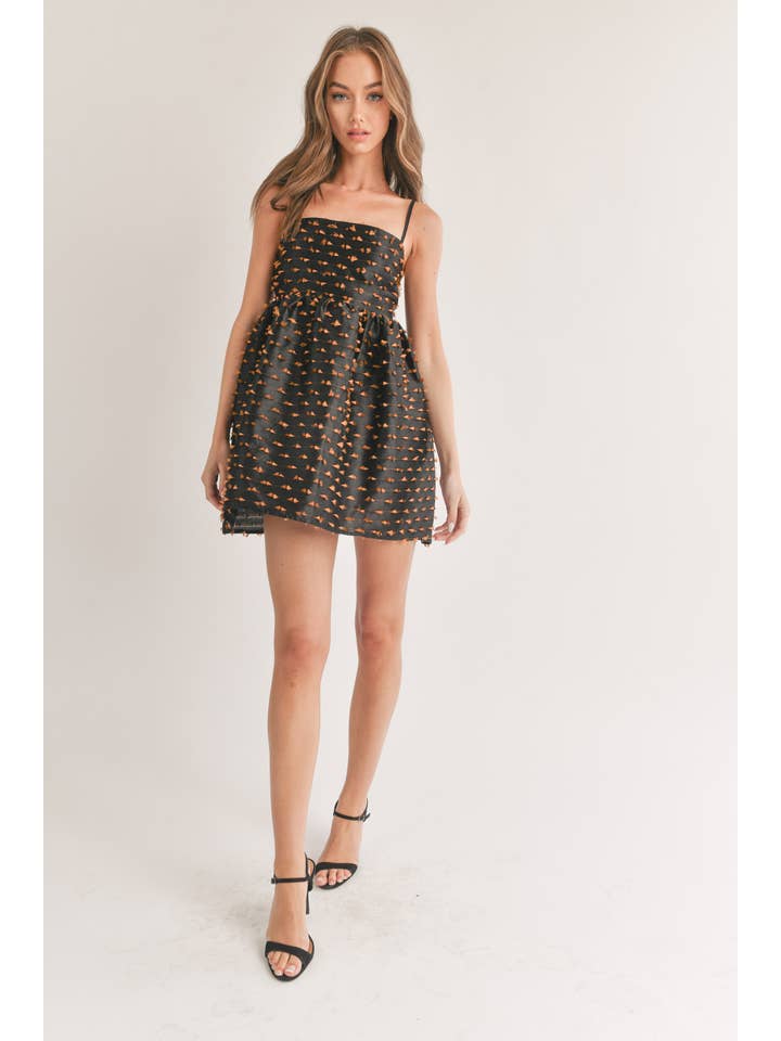 BLACK BROWN ID7139 TASSEL TEXTURED FABRIC BABY DOLL MINI DRESS for wholesale on Faire6