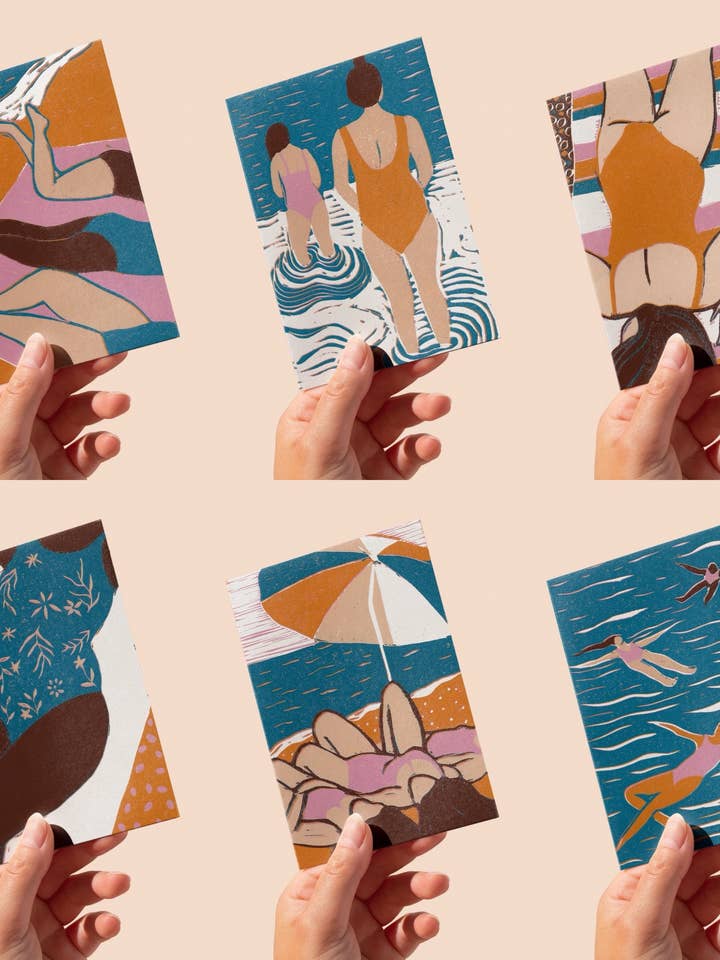 Beach Days postcard set, colour summer sunny sunbathe swim for wholesale by Prints by the Bay