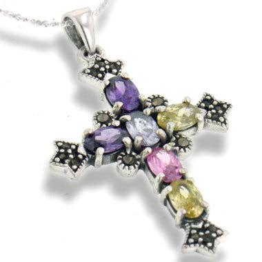 Multicolor CZ and Marcasite Cross Sterling Silver Pendant and 18" Chain Necklace for wholesale by Silver Insanity