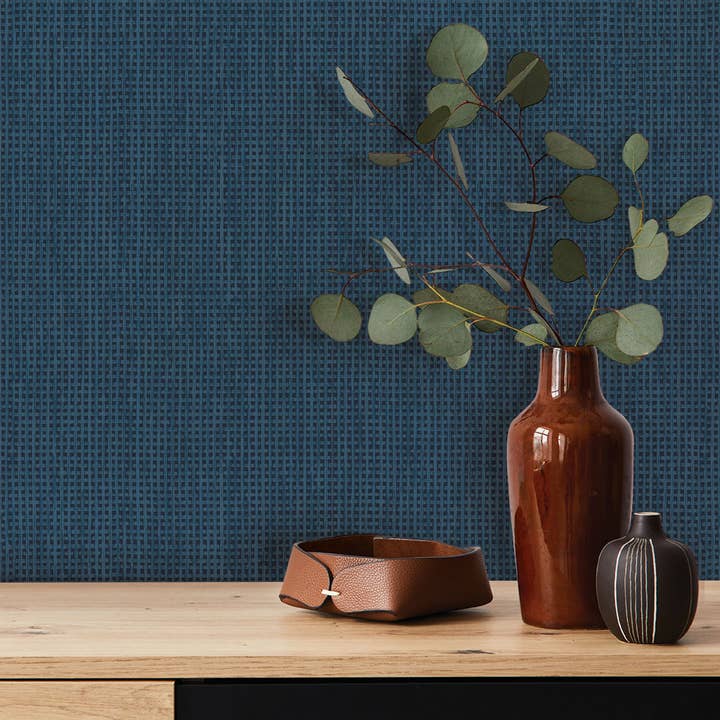 Textured Rattan Navy Peel and Stick Wallpaper for wholesale on Faire