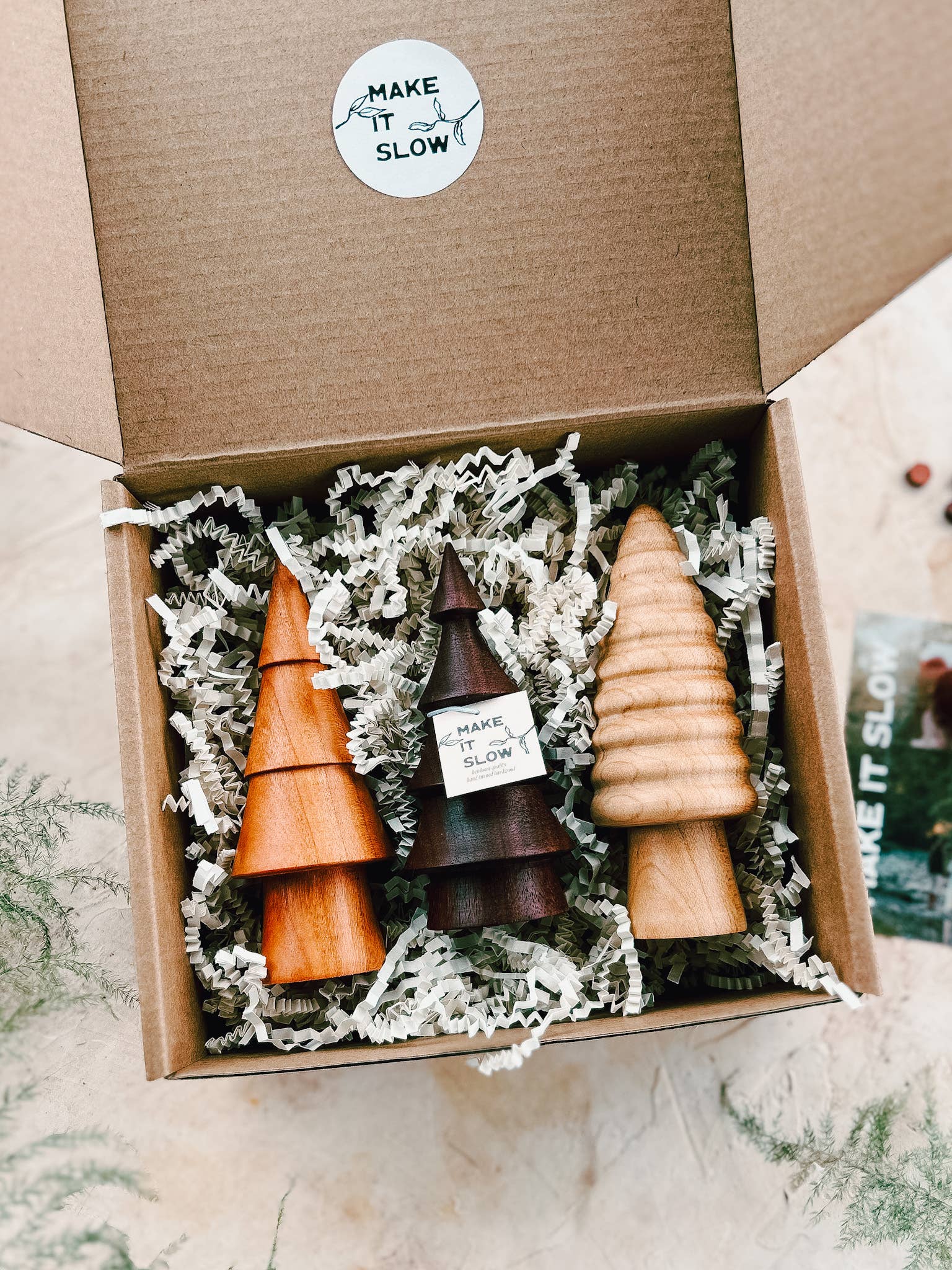 Make It Slow | Modern Woodworking the Old Fashioned Way - Wholesale Decorative Tabletop Object - Hand-turned Mini Woodland Forest Tree Set - Christmas Winter3