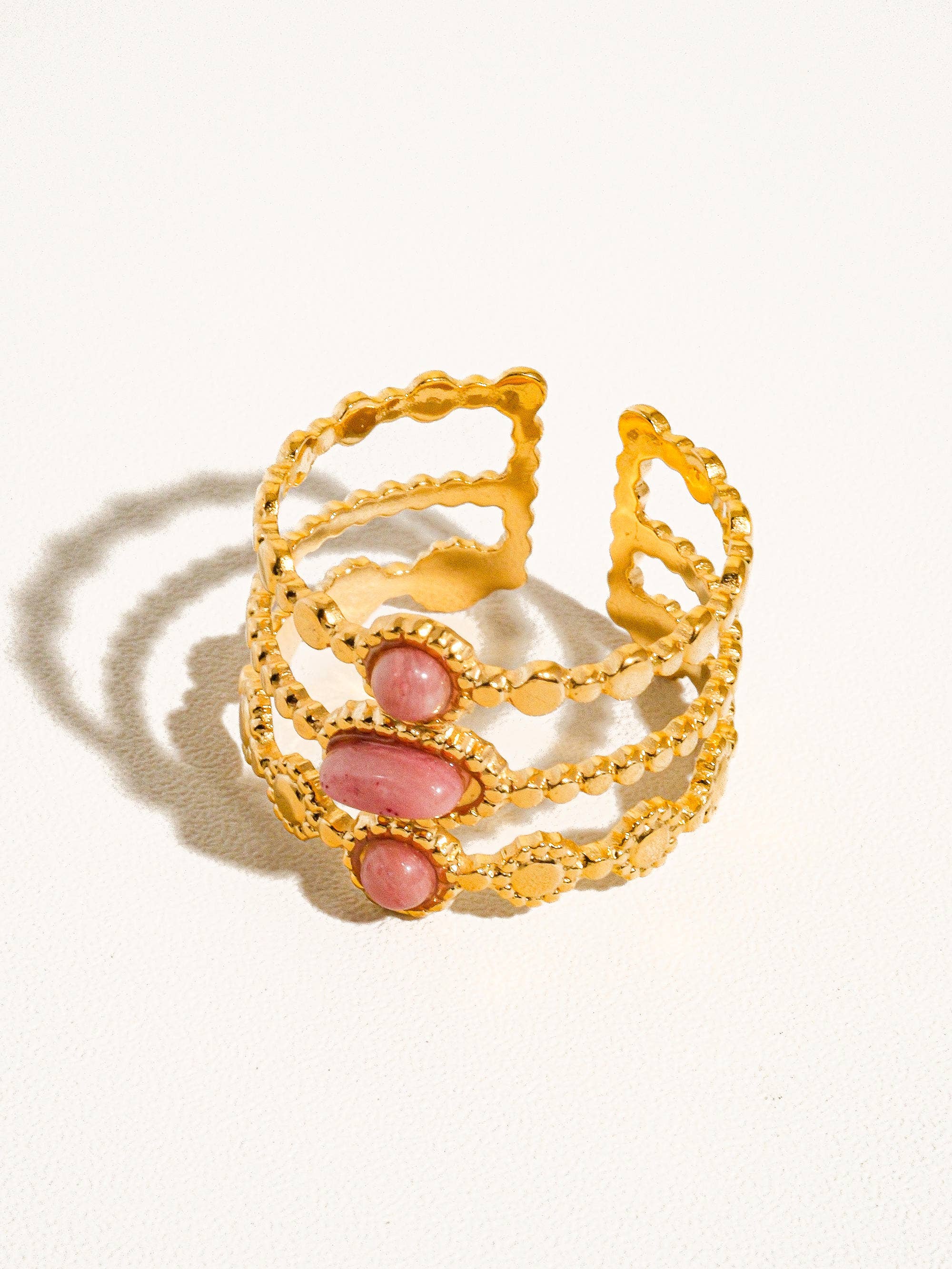 Pink Posh 18K Gold Non-Tarnish Trilayer Adjustable Stone Ring for wholesale on Faire2