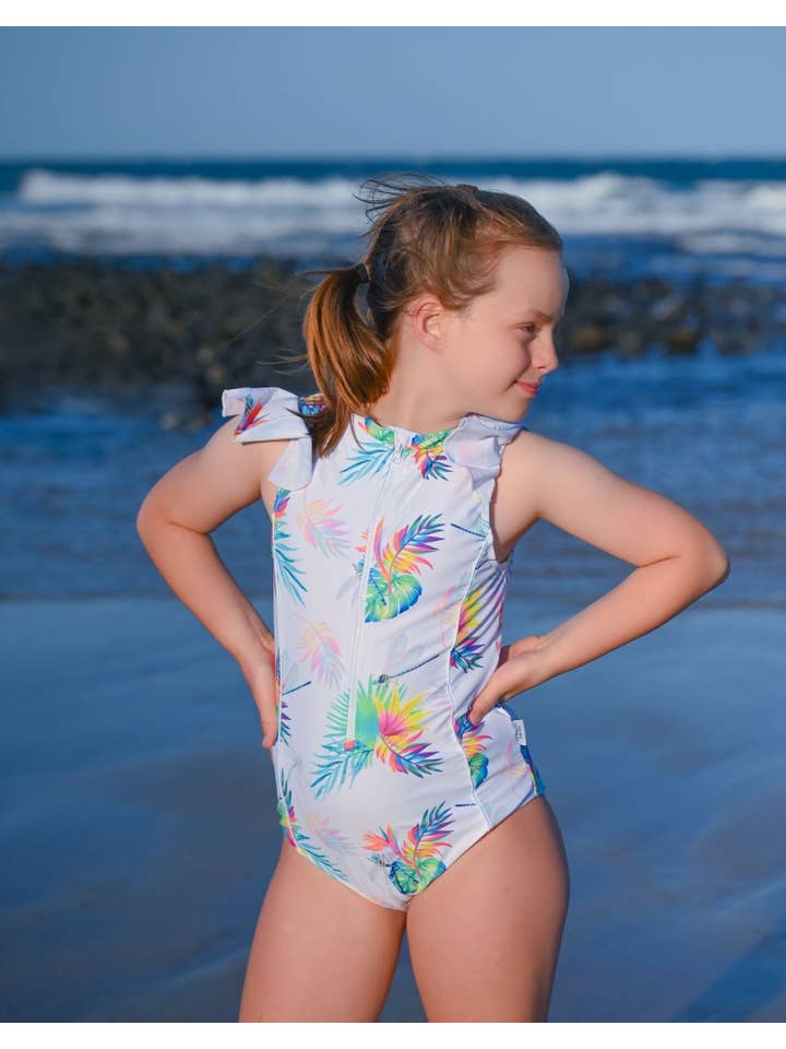 Tribe Tropical – wholesale One-piece swimsuit – Kids – Teen / Tween Girl Frill Sleeve Swimsuit - Arnhem Summer2