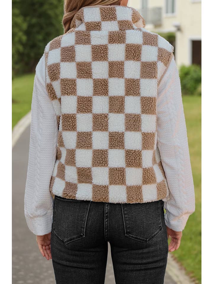 Beige Checkered Sherpa Sleeveless Zip Up Jacket Vest (S-XL) for wholesale on Faire1
