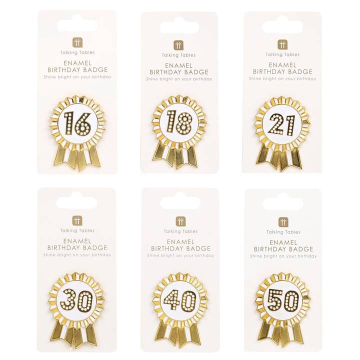 Gold Enamel Birthday Pin Badge Set | Milestone Birthdays | for wholesale by Talking Tables UK