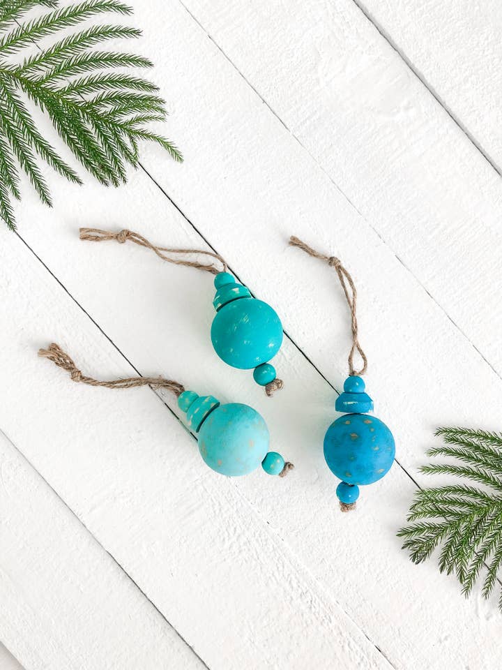 Coastal Christmas ornament wood bulb set for wholesale by Swell Island