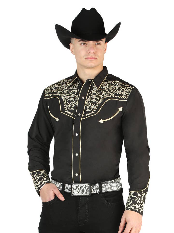 El General Embroidery Western Shirt Black/Gold 44195 for wholesale by El General Western Wear