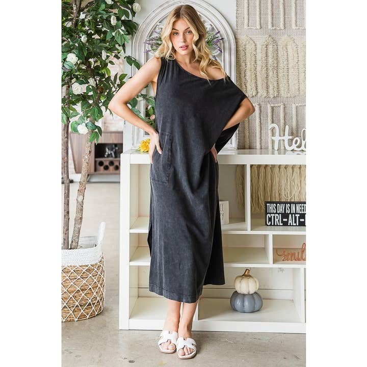 Oli&Hali - Wholesale Dress - Women's - WASHED COTTON SLEEVELESS OVERSIZED MIDI DRESS
