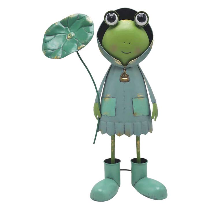 Green Metal Frog Statue Holding Lotus Leaf for wholesale by Continental Art Center