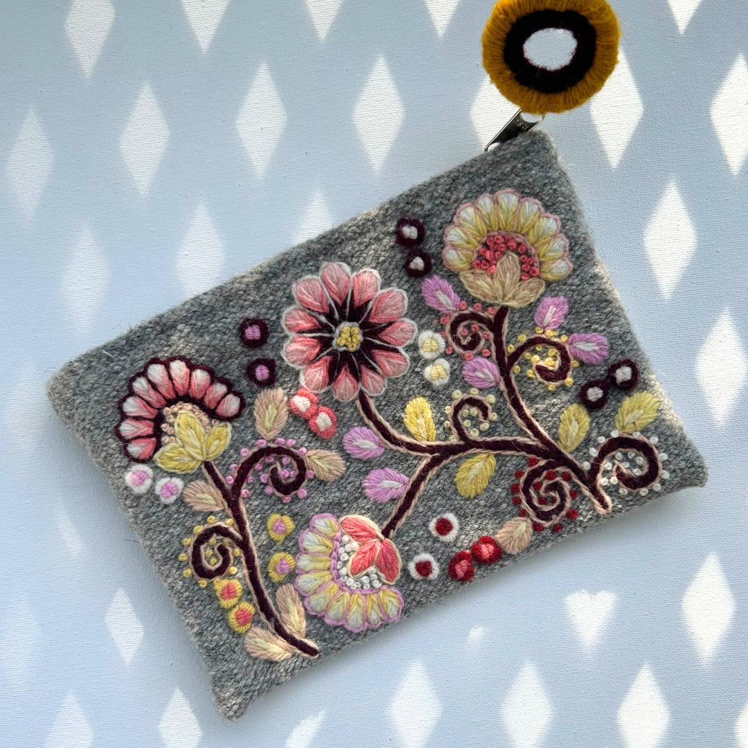 Jenny Krauss - Wholesale Pouch - Women's - Heather Gray Embroidered Wool Pouch2