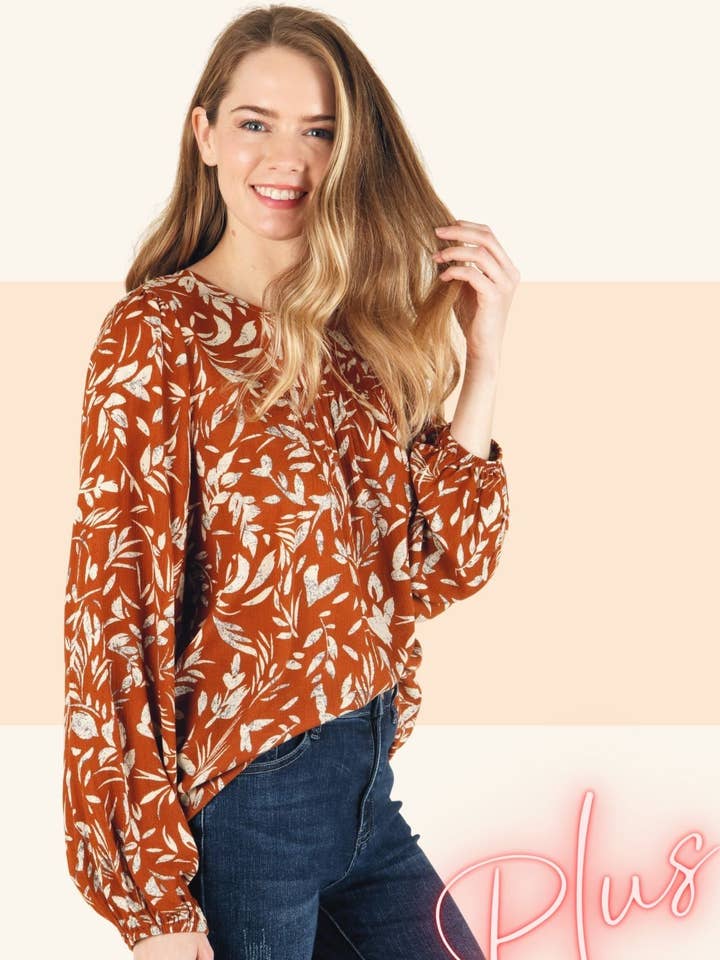 Top a maniche lunghe con stampa in tessuto plus SIZE per la vendita all'ingrosso da parte di P.S Kate