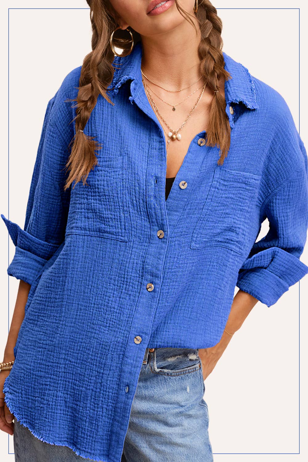 La Miel - Wholesale Button Down Shirt - Women's - SRT7448-Soft Washed Crinkled Gauze Button Down Shirts27