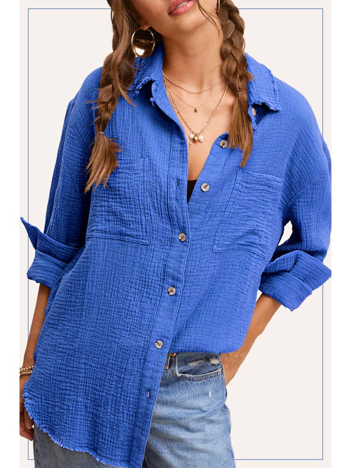 La Miel - Wholesale Button Down Shirt - Women's - SRT7448-Soft Washed Crinkled Gauze Button Down Shirts27