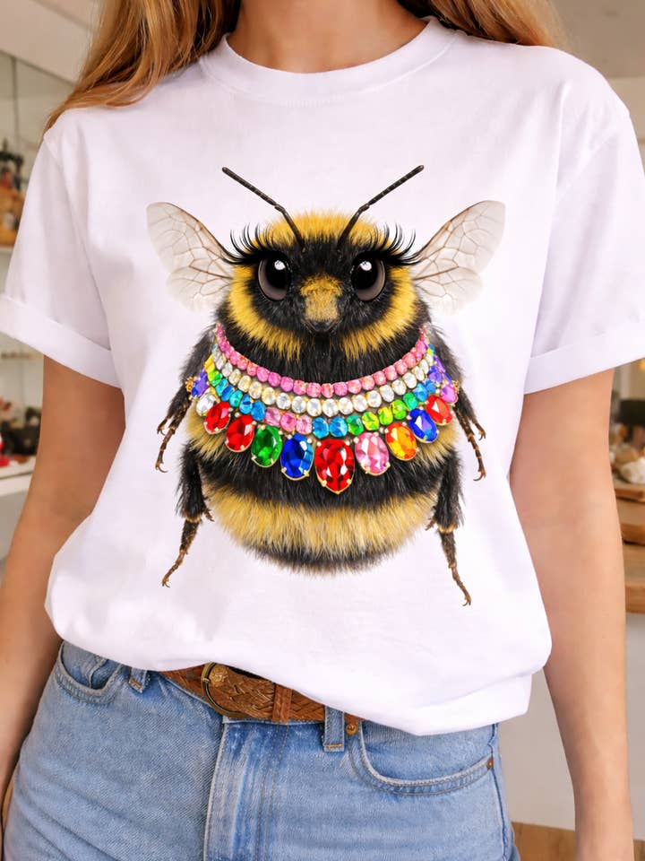 Abeille au collier orné de bijoux sur sweat blanc pour la vente par Bling-A-GoGo, LLC