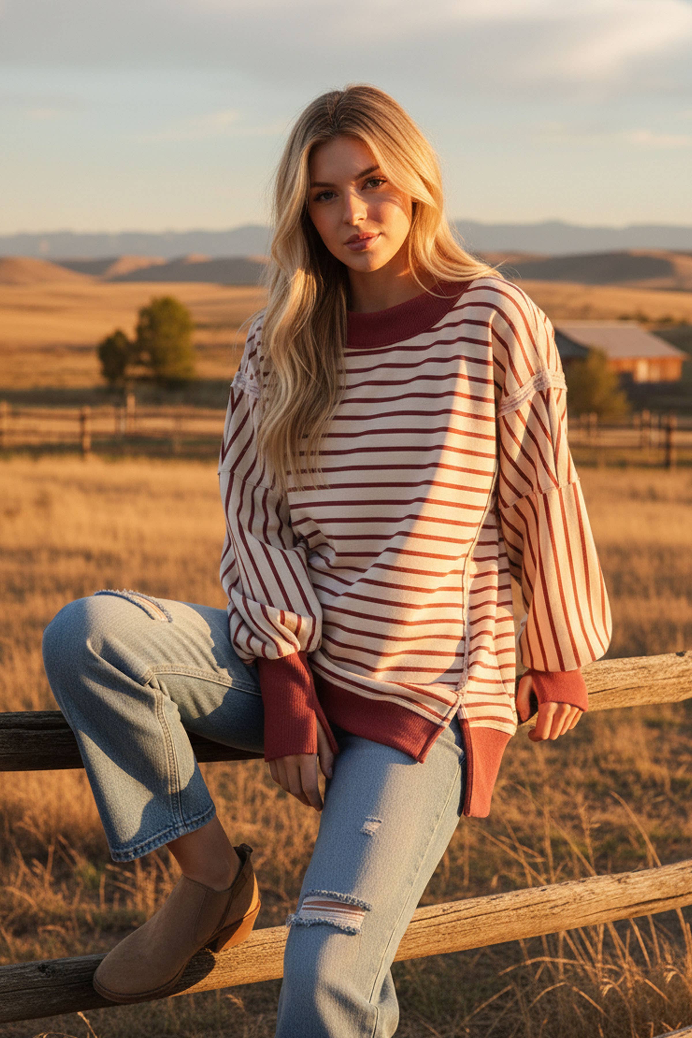 Sewn and Seen - Wholesale Sweatshirt - Women's - Striped Balloon Sleeve Terry Sweatshirt0