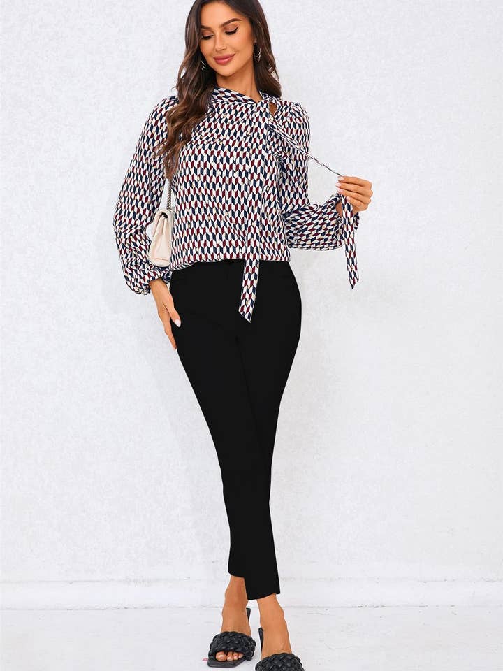 Geo Print Side Tie Blouse Top In Wine for wholesale on Faire2