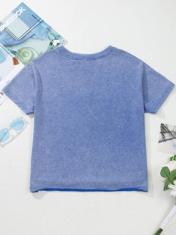 Blue USA Patch Mineral Wash Notch V Neck Vintage Graphic T Shirt for wholesale on Faire