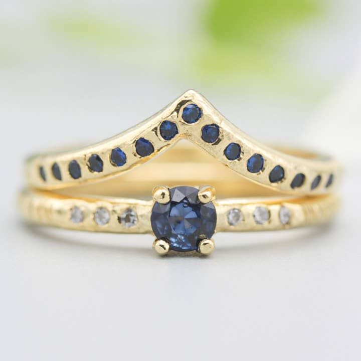 Set of 2 Blue Sapphire & Diamond 14k Gold Rings for wholesale by Metal Studio Jewelry