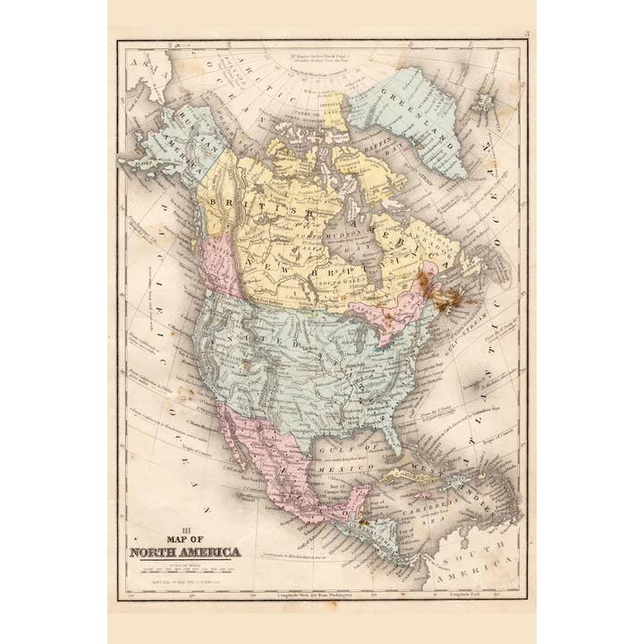 Póster de mapa de Norteamérica 1867, estilo antiguo, 12 x 18 para venta al por mayor de Gotham Gifts