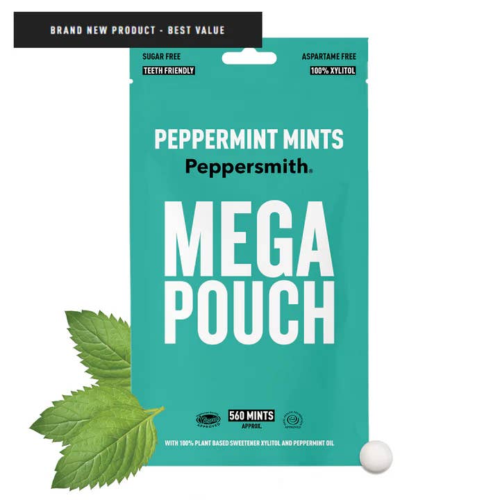 Peppersmith Peppermint Mints Mega Pouch 1 x 560 Mints, 330g and other Purchase Wholesale sugar free mints. Free Returns & Net 60 Terms on Faire trending on Faire.