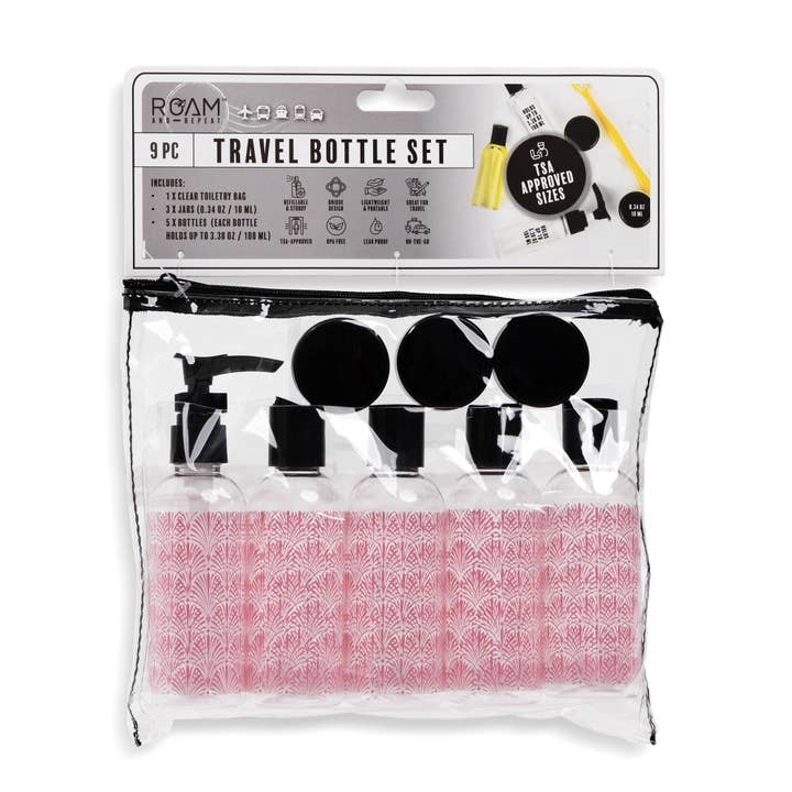 9pc Travel Bottle Set - Pink Ginkgo Fan for wholesale by Core Home