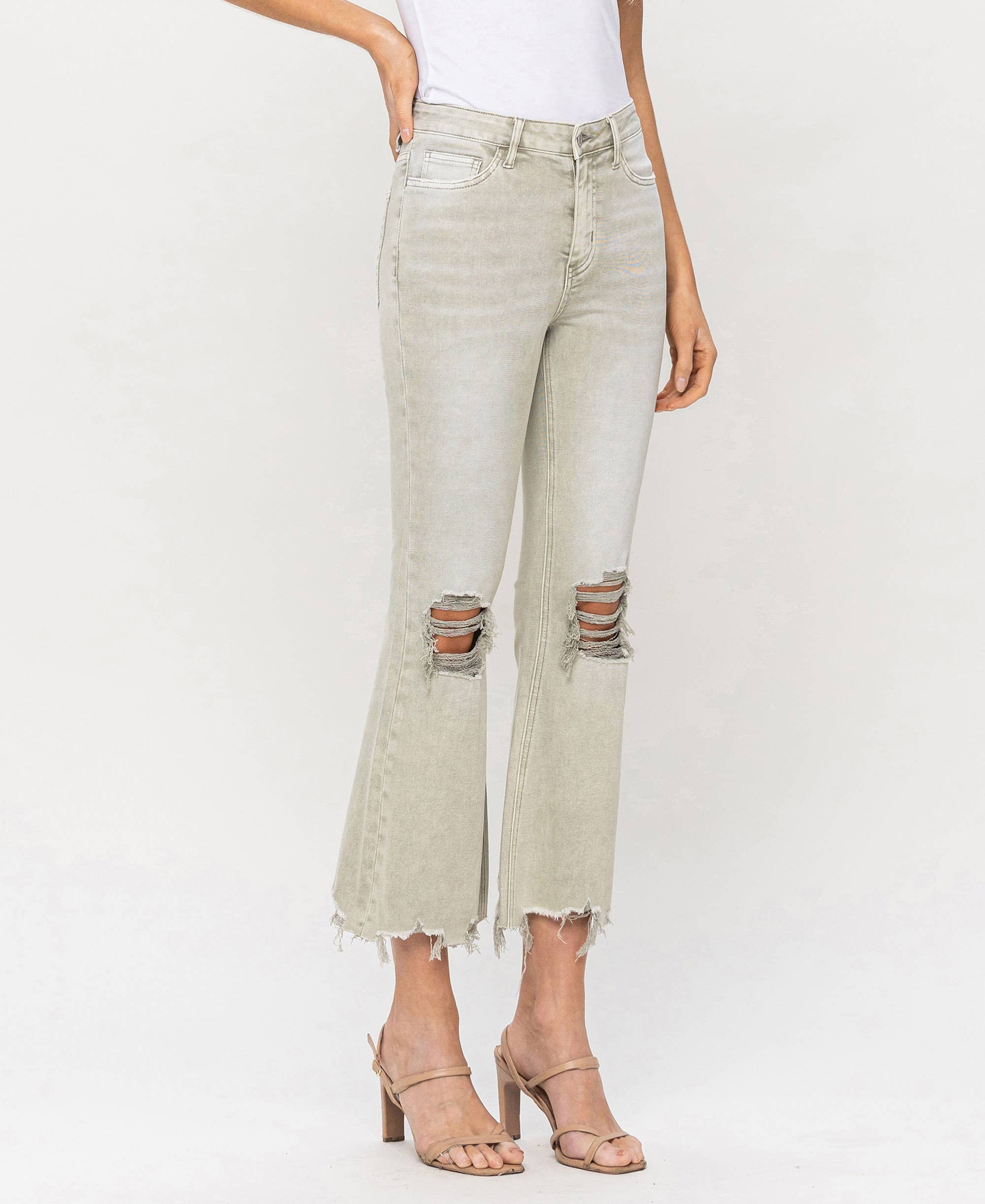 MOSS GREEN HIGH RISE DISTRESSED CROP FLARE JEANS T5773MG for wholesale on Faire2