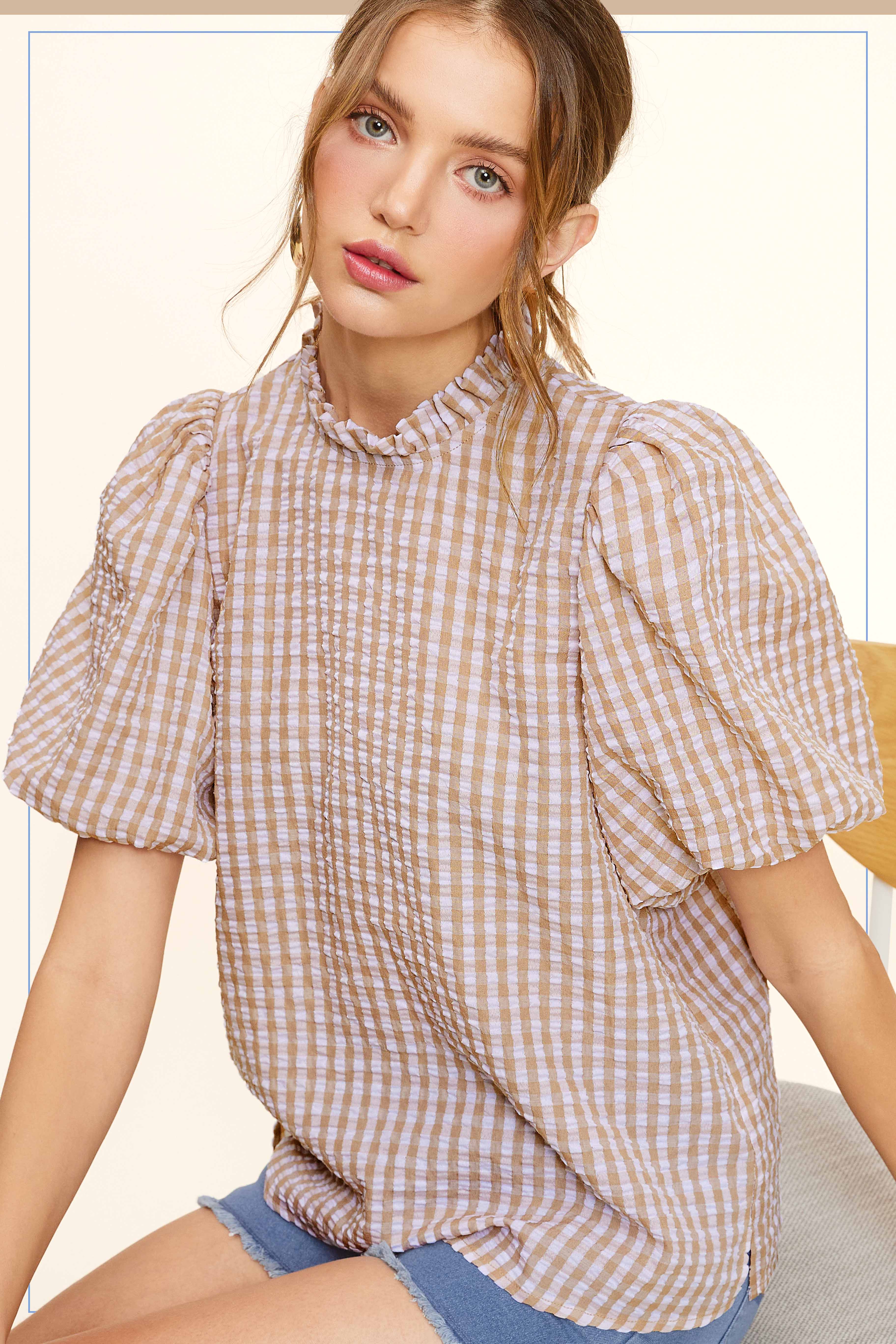 La Miel - Wholesale Blouse - Women's - HCT7697-Gingham Check Print Lovely Puff Short Sleeve Top12