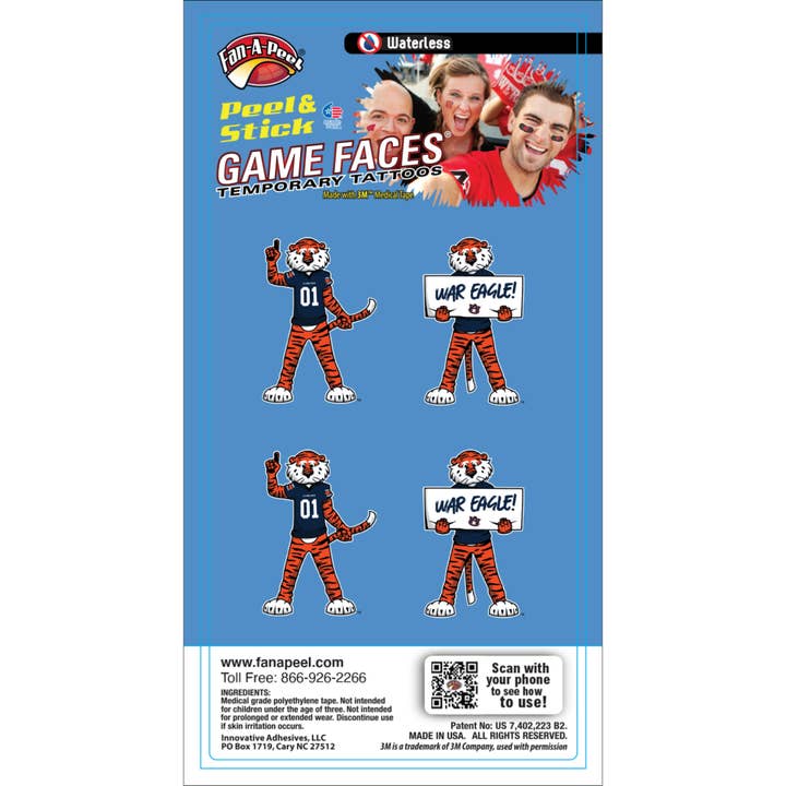 Tatouages temporaires Auburn Game Faces® pour la vente par Fanapeel / Gamefaces