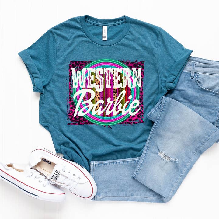 Western Barbie Heather Deep Teal T-Shirt for wholesale by The Dirty Cowgirl Apparel