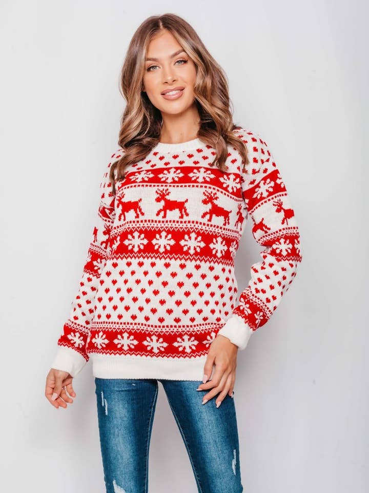 J5FASHION – wholesale Pullovertröja - Dam – PLUS STORLEK RENAR OCH SNÖFLINGA JULTRÖJA