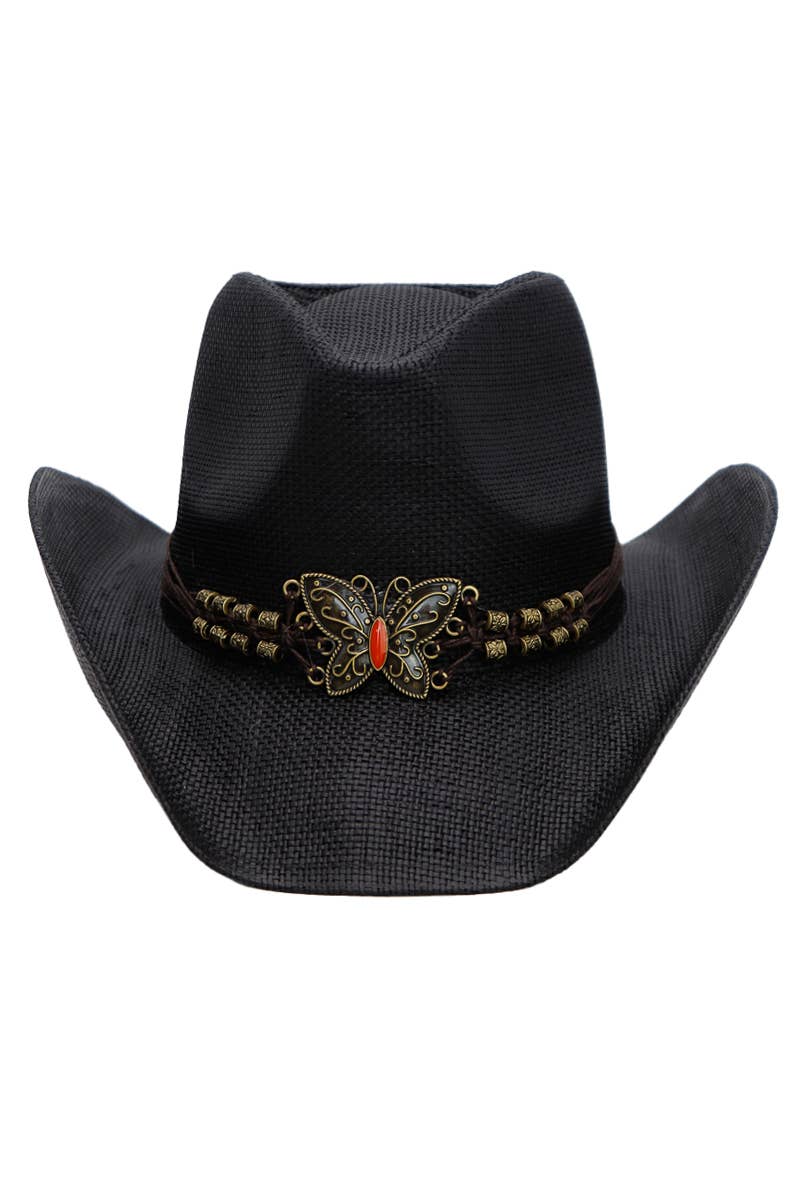 Cap Zone - Wholesale Cowboy Hat - Women's - Butterfly Emblem Waxed String Straw Cowboy Hat1
