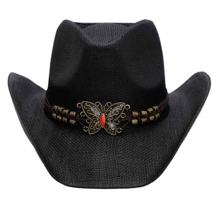 Cap Zone - Wholesale Cowboy Hat - Women's - Butterfly Emblem Waxed String Straw Cowboy Hat1