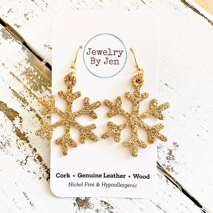 Snowflake Earrings: Gold Fine Glitter for wholesale by Jewelry By Jen