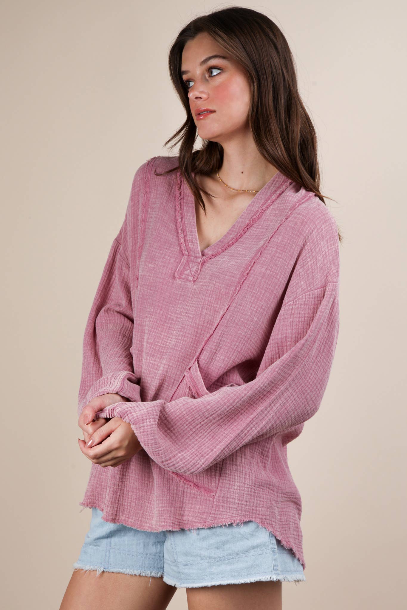 VERY J - Wholesale Shirt - Women's - NT12105-Washed Cotton Gauze Oversized Top7