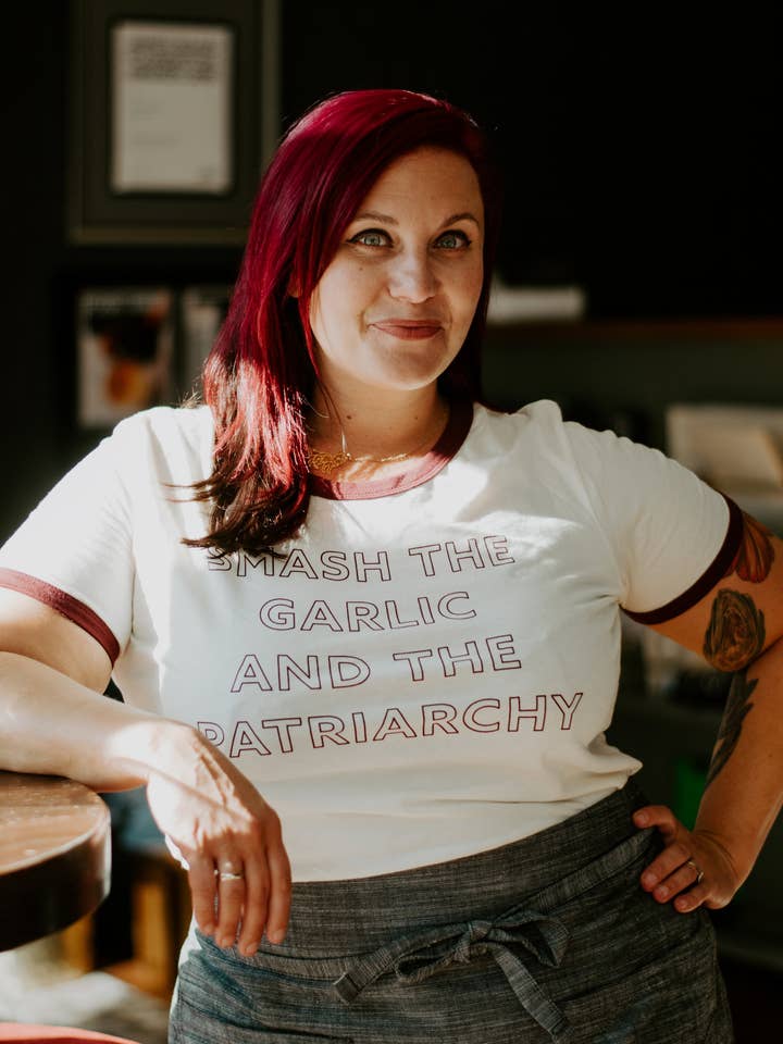 Overseasoned - Wholesale Screen Printed T-Shirt - Women's - Smash the Garlic and the Patriarchy™ Ringer Tee - Unisex3