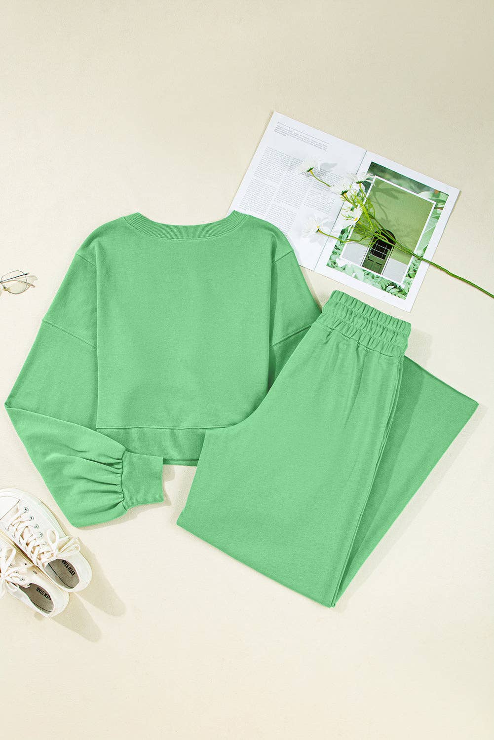 Bright Green Drop Shoulder Crop Pullover Drawstring Wide Leg Pants Set for wholesale on Faire3