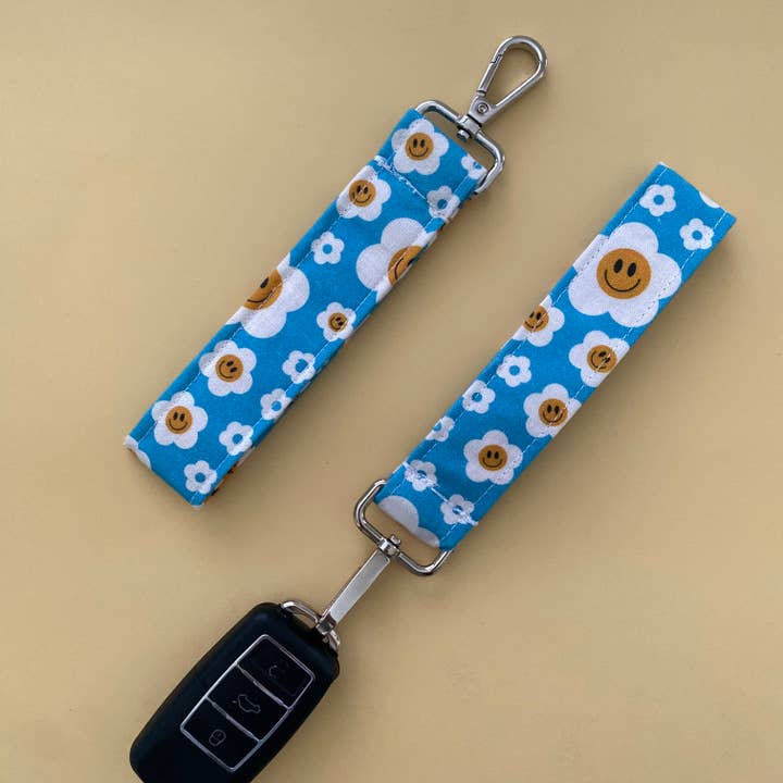 Wristlet key fob keychain blue smiley face for wholesale by Pure Roze Apparel