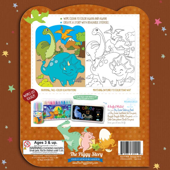 The Piggy Story - Wholesale Coloring Book - Kids & Baby - Dry Erase Reusable Coloring Book with Stickers | Dinosaur