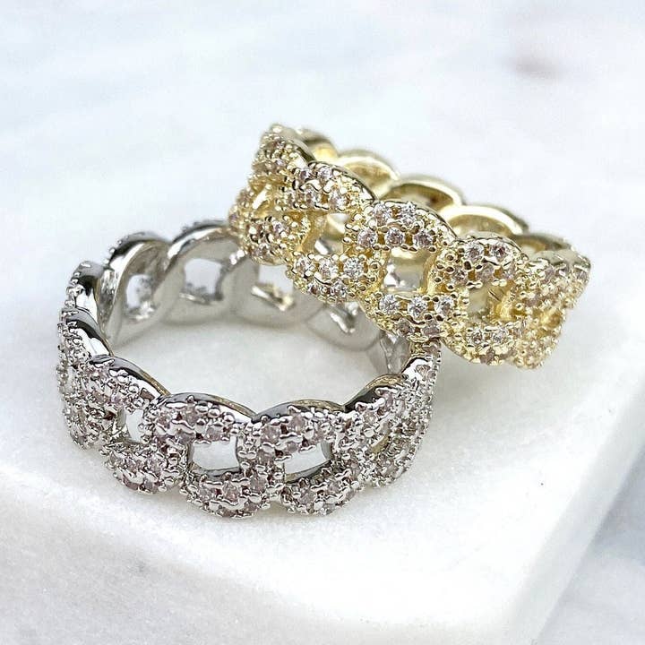 18k Gold Filled or Silver Filled Micro CZ Linked Chain Ring for wholesale by Luxus Accessories