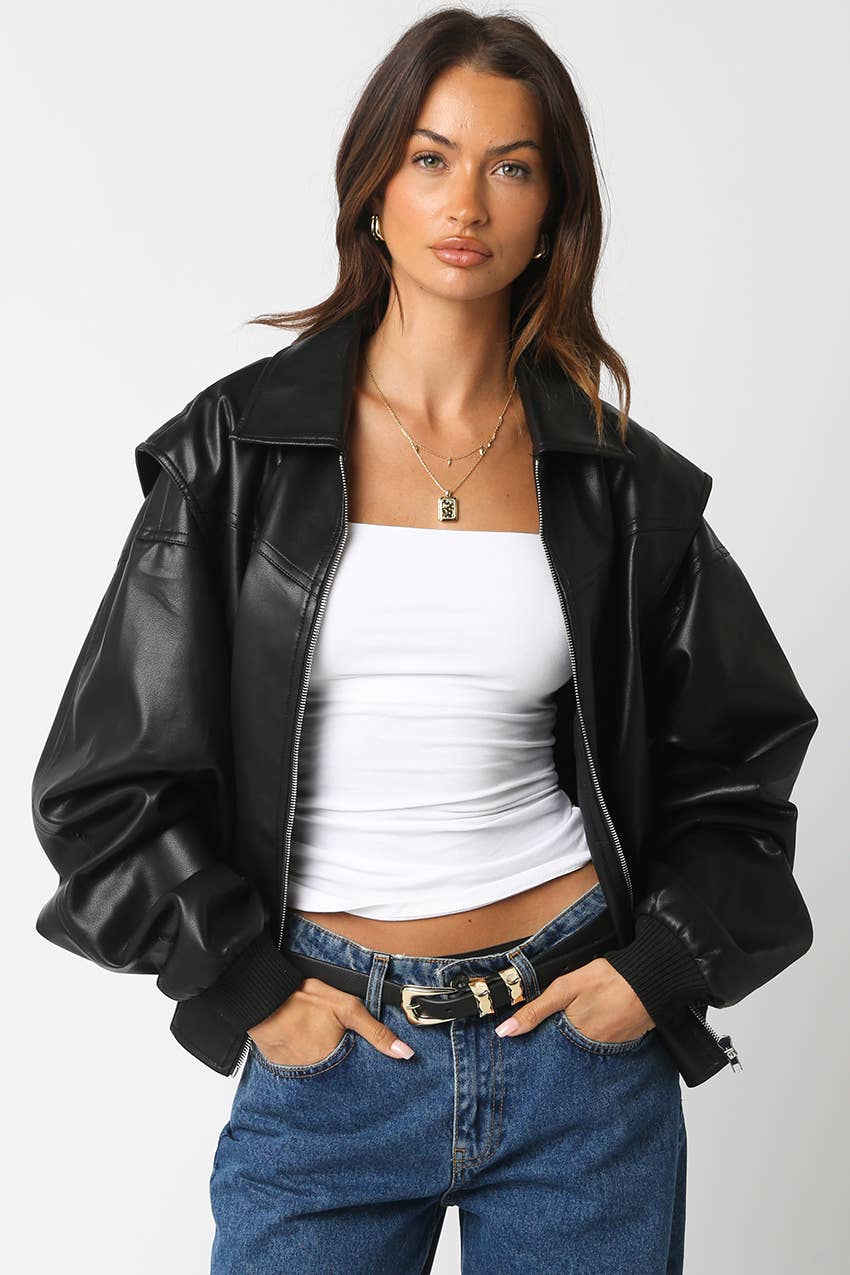 Olivaceous - Wholesale Bomber Jacket - Women's - Kaylee Pu Bomber Jacket0