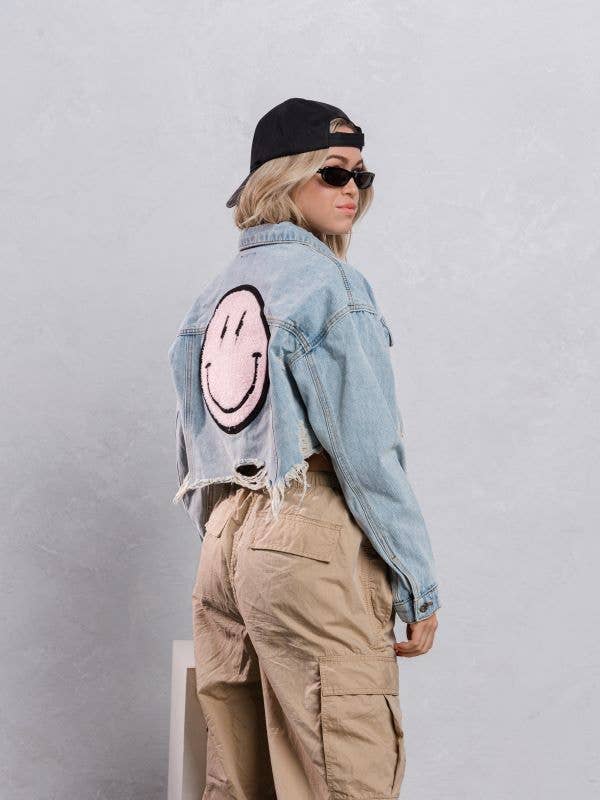 Trio Urban - Vente Veste en jean – femme - Veste courte en jean rose Smiley Face3