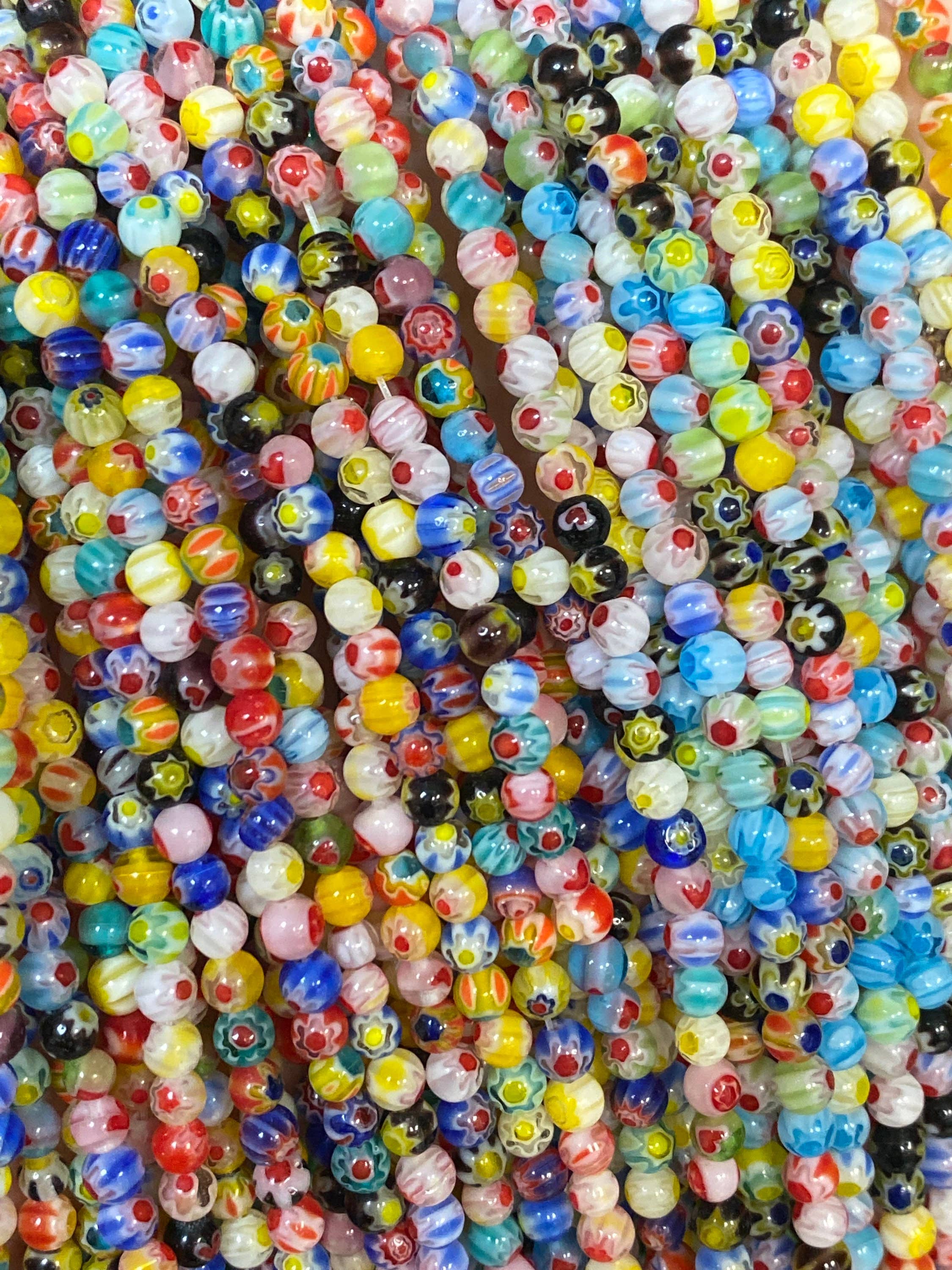 The Bead Bazaar - Wholesale Beads - Murano Style Millefiori Round Beads, 6mm Flower Glass Beads,1