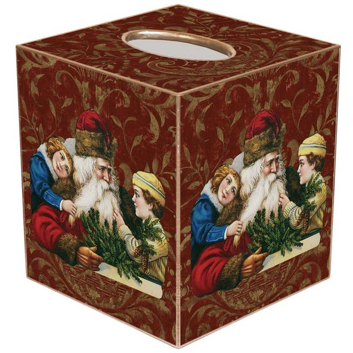 Santa with children on Red Damask Tissue Box Cover for wholesale by Marye-Kelley