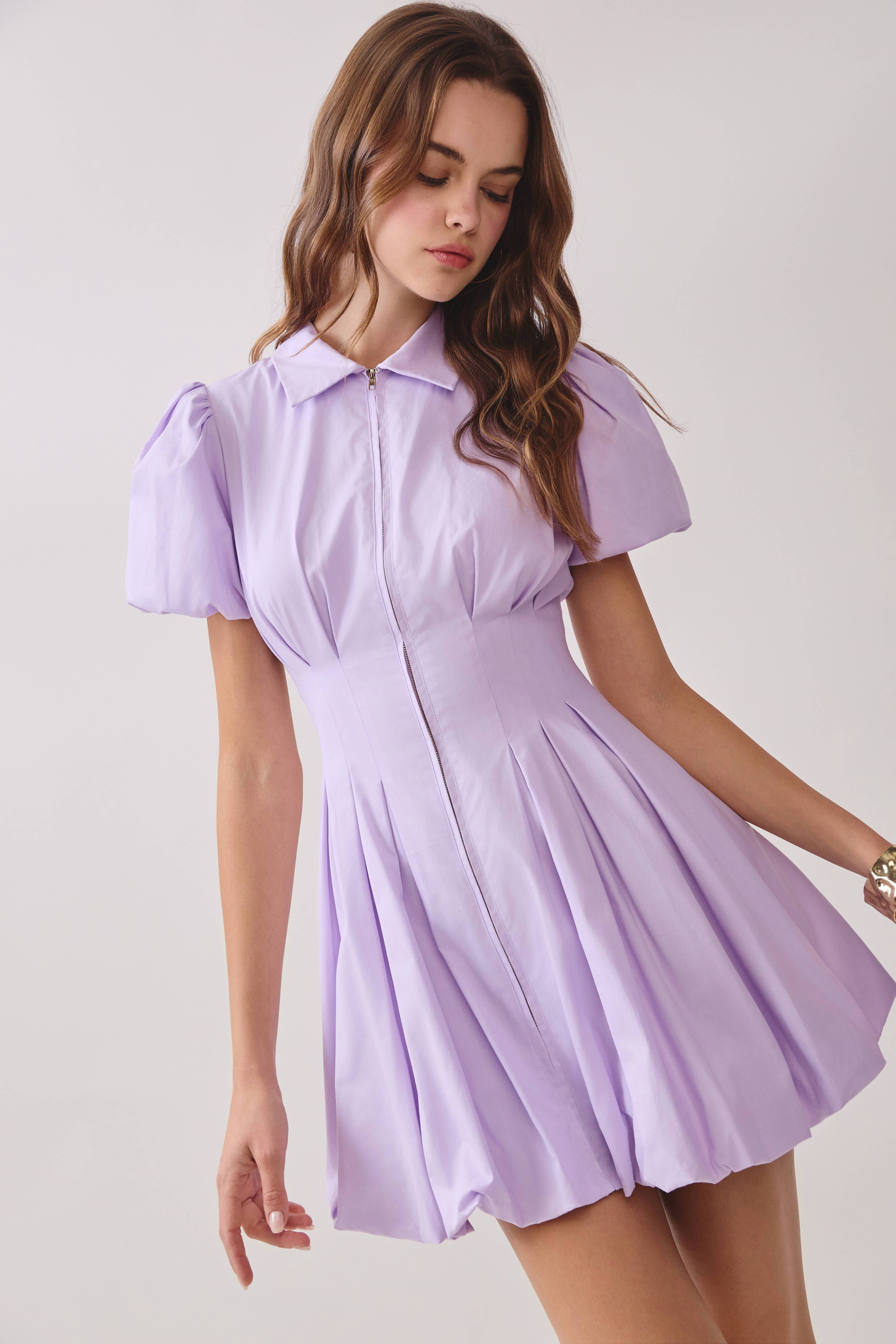 TCEC - Wholesale Dress - Women's - CD05305-Fit and Flare Zipper Front Bubble Sleeves Dress0